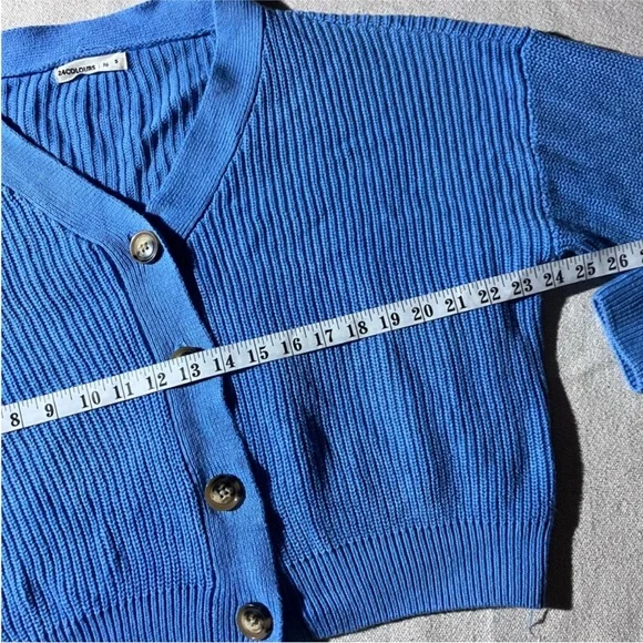 24 Colours Blue Cotton Ribbed Cropped V-neck Cardigan - Picture 5 of 8